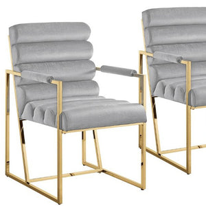 Homeroots Set Of Two Tufted Gray And Gold Upholstered Velvet Dining Arm Chairs Grey,Gold Metal And Wood 545055