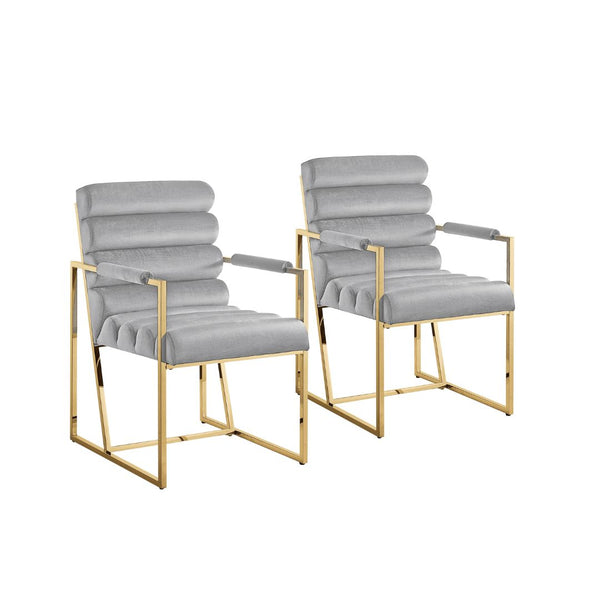 Homeroots Set Of Two Tufted Gray And Gold Upholstered Velvet Dining Arm Chairs Grey,Gold Metal And Wood 545055