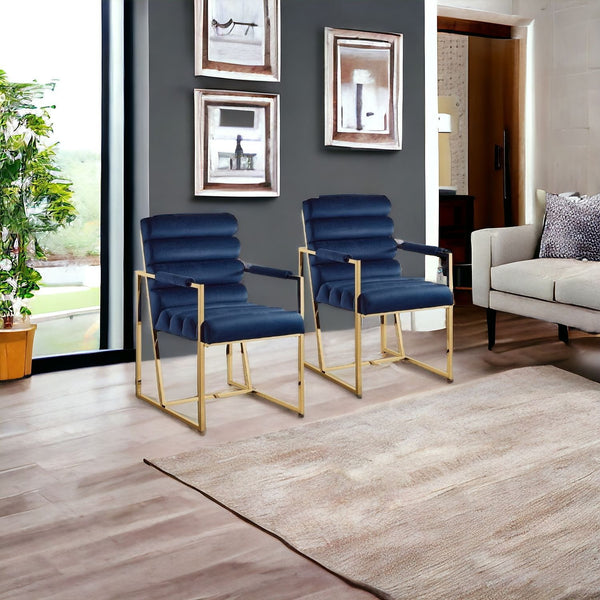 Homeroots Set Of Two Tufted Navy Blue And Gold Upholstered Velvet Dining Arm Chairs Navy,Gold Metal And Wood 545057