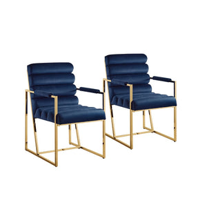 Homeroots Set Of Two Tufted Navy Blue And Gold Upholstered Velvet Dining Arm Chairs Navy,Gold Metal And Wood 545057