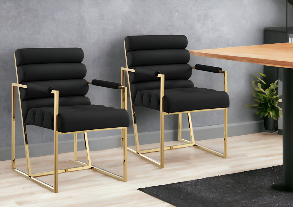 Homeroots Set Of Two Tufted Black And Gold Upholstered Faux Leather Dining Arm Chairs Black,Gold Metal And Wood 545058