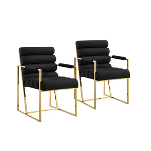 Homeroots Set Of Two Tufted Black And Gold Upholstered Faux Leather Dining Arm Chairs Black,Gold Metal And Wood 545058