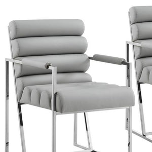 Homeroots Set Of Two Tufted Gray And Silver Metallic Upholstered Faux Leather Dining Arm Chairs Grey,Chrome Metal And Wood 545059