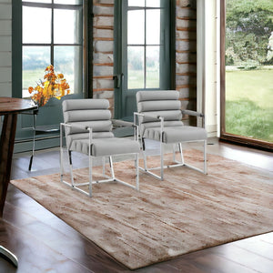 Homeroots Set Of Two Tufted Gray And Silver Metallic Upholstered Faux Leather Dining Arm Chairs Grey,Chrome Metal And Wood 545059