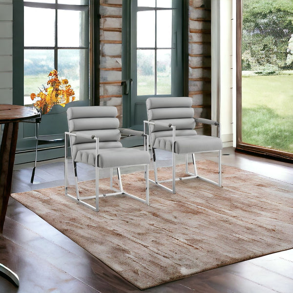 Homeroots Set Of Two Tufted Gray And Silver Metallic Upholstered Faux Leather Dining Arm Chairs Grey,Chrome Metal And Wood 545059