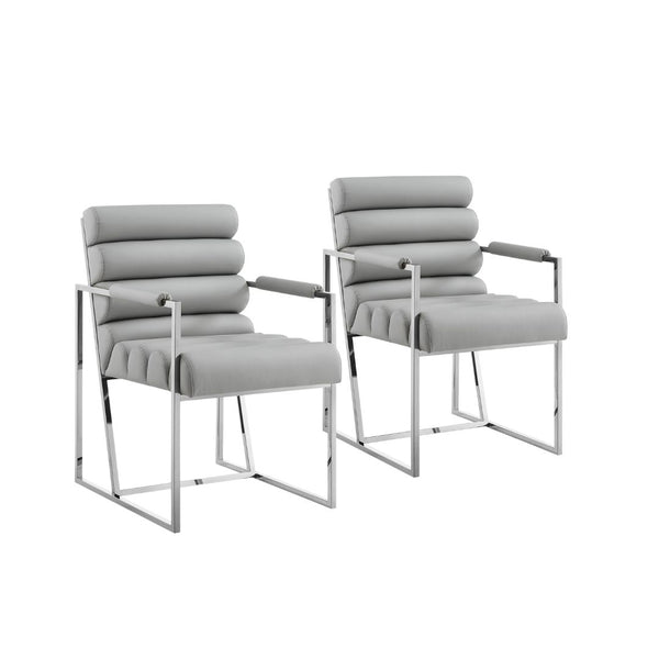 Homeroots Set Of Two Tufted Gray And Silver Metallic Upholstered Faux Leather Dining Arm Chairs Grey,Chrome Metal And Wood 545059