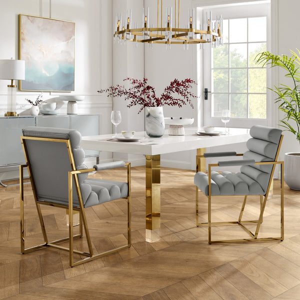 Homeroots Set Of Two Tufted Gray And Gold Upholstered Faux Leather Dining Arm Chairs Grey,Gold Metal And Wood 545060