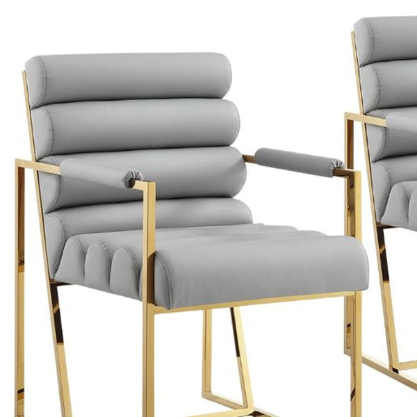 Homeroots Set Of Two Tufted Gray And Gold Upholstered Faux Leather Dining Arm Chairs Grey,Gold Metal And Wood 545060