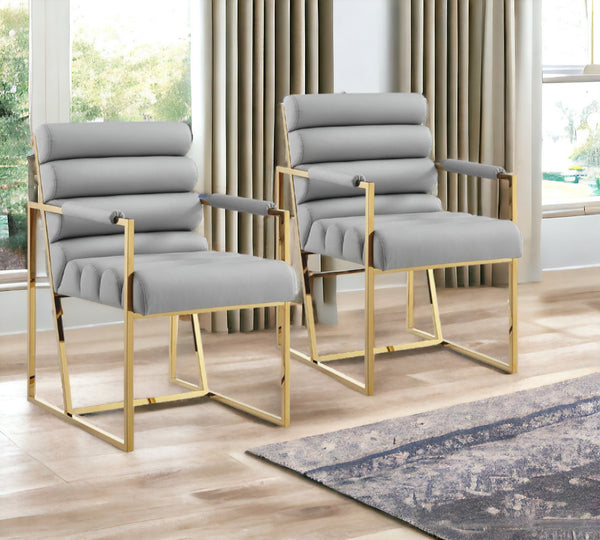 Homeroots Set Of Two Tufted Gray And Gold Upholstered Faux Leather Dining Arm Chairs Grey,Gold Metal And Wood 545060