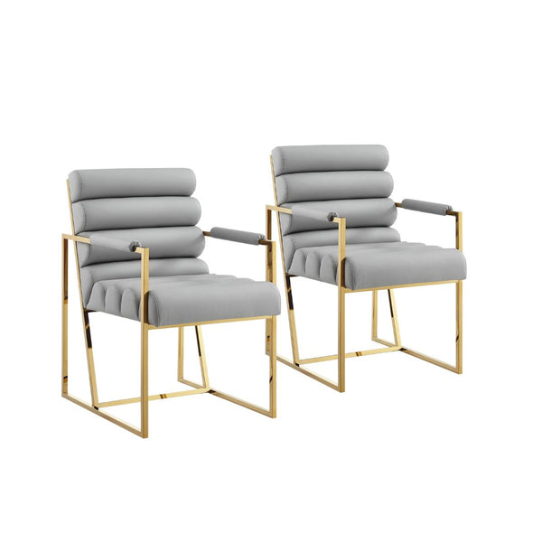 Homeroots Set Of Two Tufted Gray And Gold Upholstered Faux Leather Dining Arm Chairs Grey,Gold Metal And Wood 545060