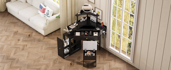 English Elm Corner Vanity Desk Set with Stool Charging Station Glass Top Pull-Out Cabinet Jewelry Organizer Black 35.82 L x 32 W x 8 H N733P336237B