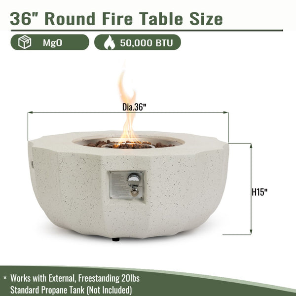 English Elm 36" Round Propane Fire Pit Table 50000 Btu Mgo Stone Finish Outdoor Patio Deck W853P277119