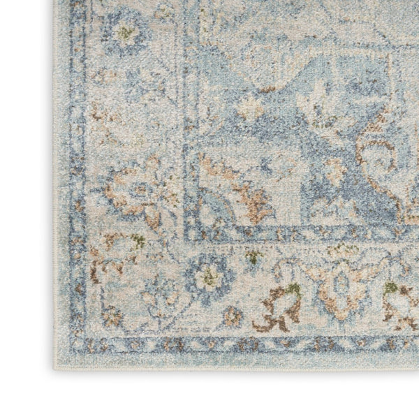 HomeRoots 9' Blue and Ivory Floral Medallion Area Rug - Distressed Power Loomed Design, Washable Elegance 9' X 12' 545100