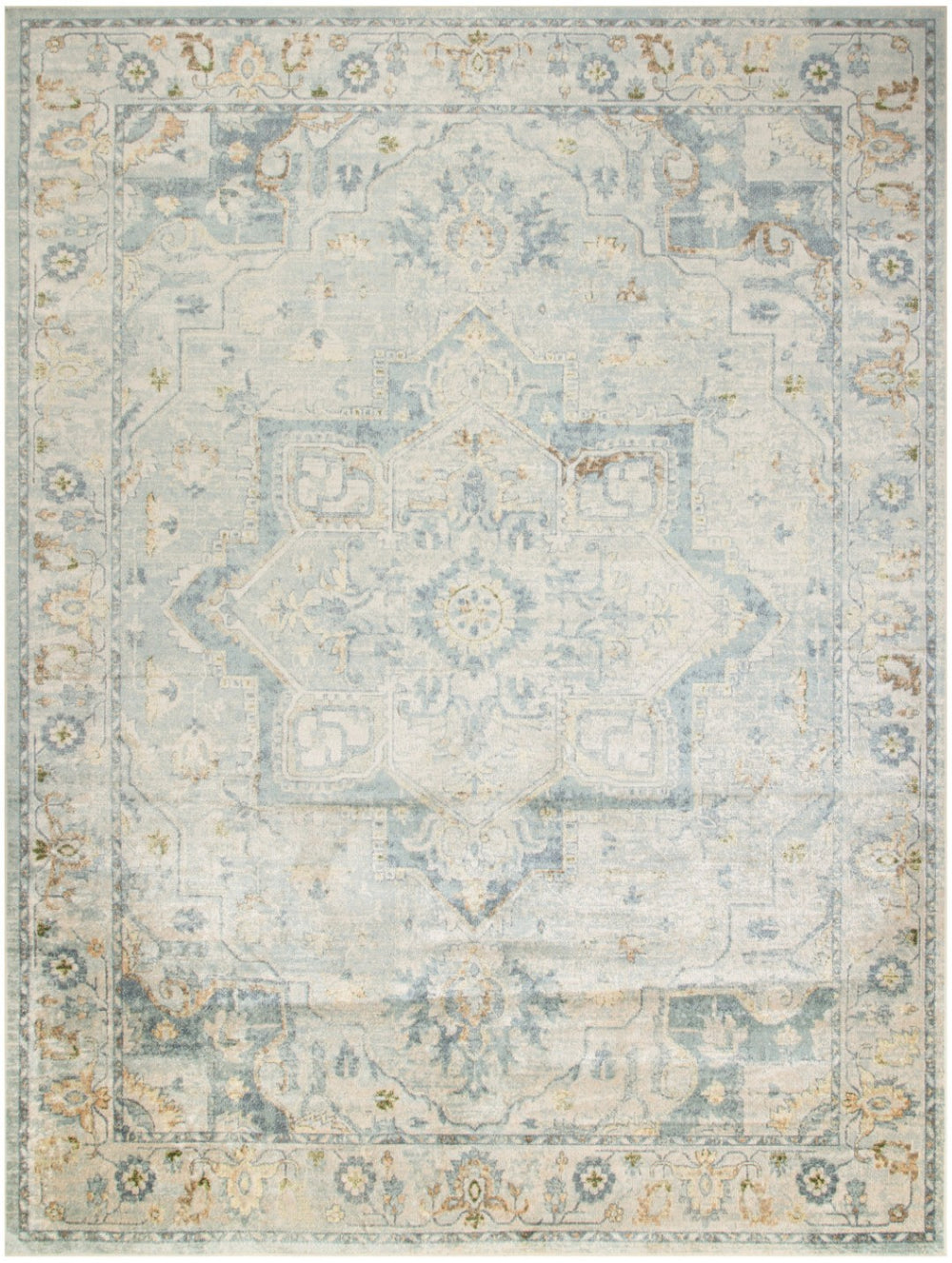 HomeRoots 9' Blue and Ivory Floral Medallion Area Rug - Distressed Power Loomed Design, Washable Elegance 9' X 12' 545100