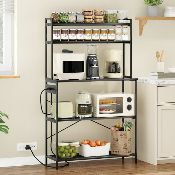 English Elm Large Five Tier Industrial Bakers Rack with Built in Outlets Microwave Stand Kitchen Organizer Black T3623P431203