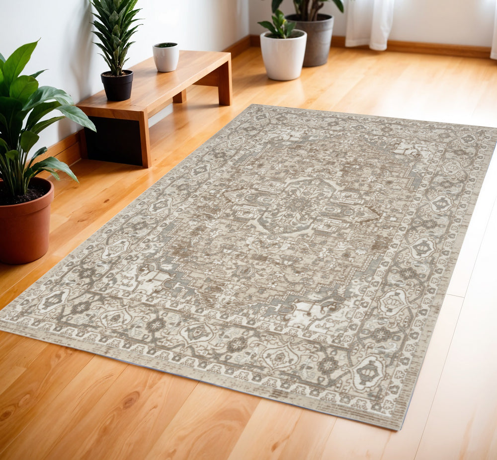 Homeroots 4' X 6' Beige And Ivory Medallion Power Loom Distressed Area Rug  Polypropylene,Polyester 545116