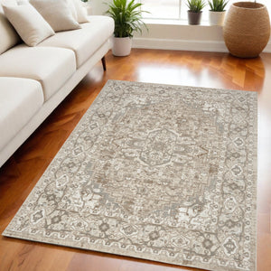Homeroots 5' X 7' Beige And Ivory Medallion Power Loom Distressed Area Rug  Polypropylene,Polyester 545118