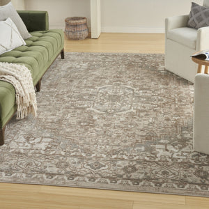 HomeRoots 5' Beige and Ivory Medallion Area Rug - Power-Loomed, Vintage Distressed Finish for Timeless Elegance 5' X 7' 545118