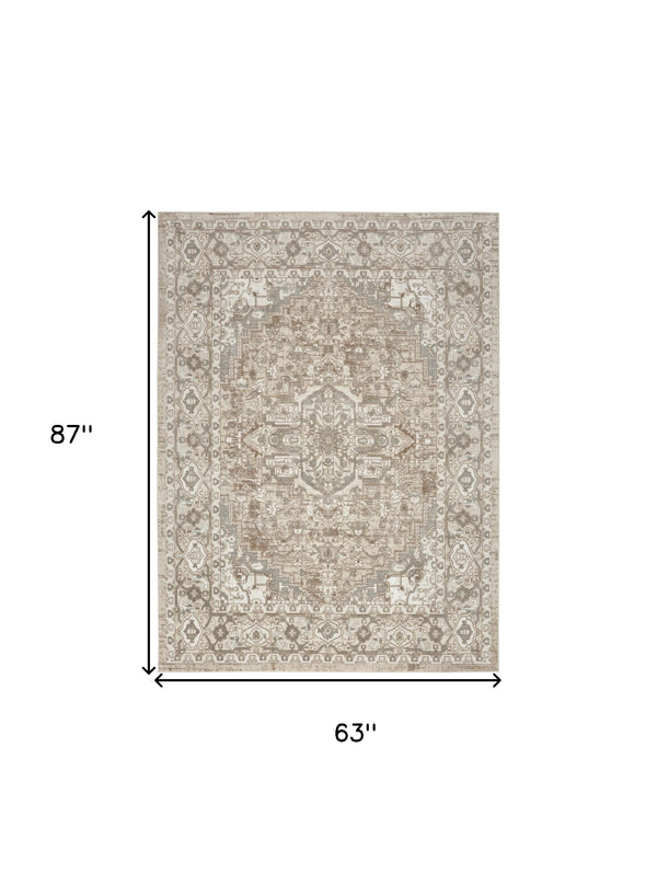 Homeroots 5' X 7' Beige And Ivory Medallion Power Loom Distressed Area Rug  Polypropylene,Polyester 545118