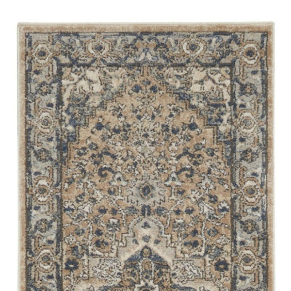 HomeRoots 16' Beige and Gray Medallion Distressed Runner Rug - Timeless Elegance for Hallways and Spaces 16' Runner 545138