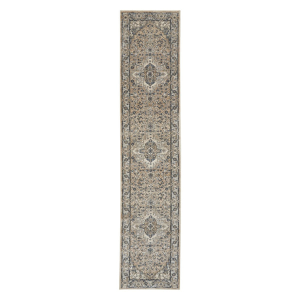 HomeRoots 16' Beige and Gray Medallion Distressed Runner Rug - Timeless Elegance for Hallways and Spaces 16' Runner 545138