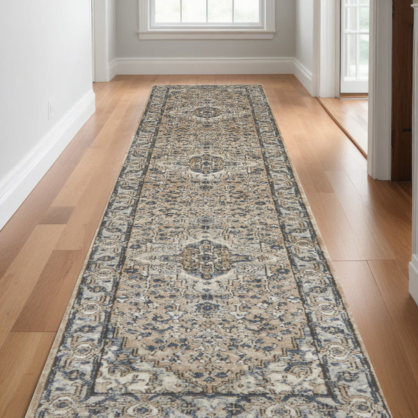 Homeroots 16' Runner Beige And Gray Medallion Power Loom Distressed Runner Rug  Polypropylene,Polyester 545138