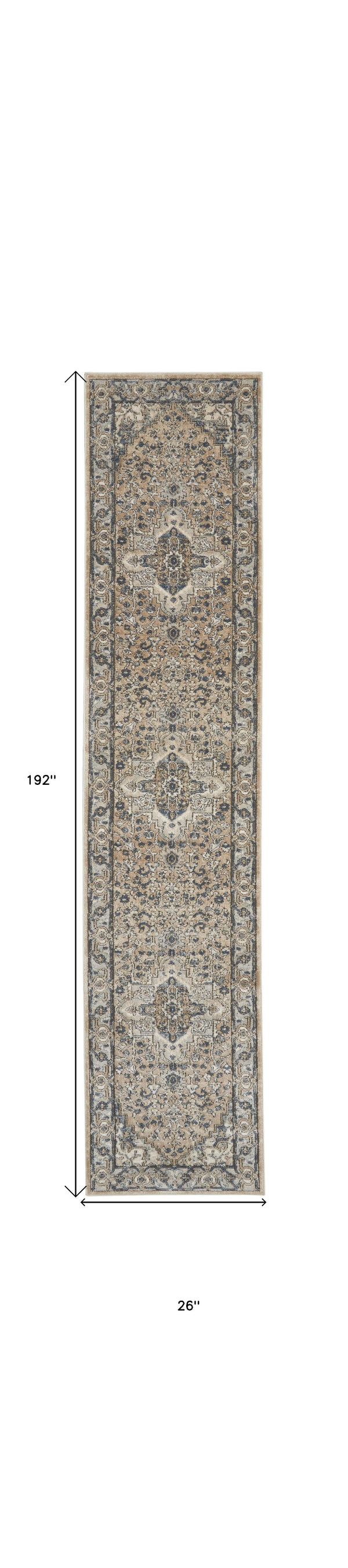 Homeroots 16' Runner Beige And Gray Medallion Power Loom Distressed Runner Rug  Polypropylene,Polyester 545138