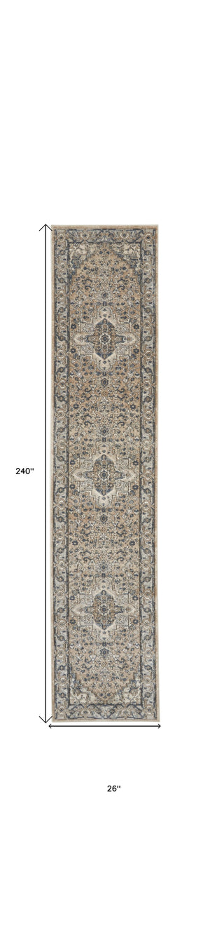 Homeroots 20' Runner Beige And Gray Medallion Power Loom Distressed Runner Rug  Polypropylene,Polyester 545139