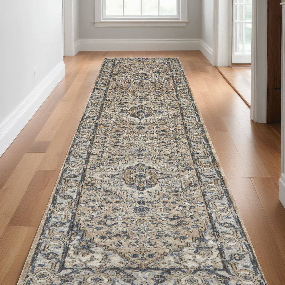 Homeroots 20' Runner Beige And Gray Medallion Power Loom Distressed Runner Rug  Polypropylene,Polyester 545139