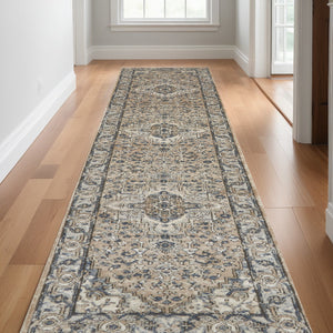 Homeroots 20' Runner Beige And Gray Medallion Power Loom Distressed Runner Rug  Polypropylene,Polyester 545139