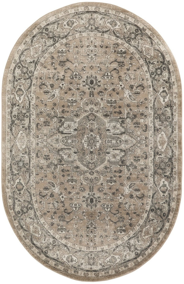 HomeRoots 5' Elegant Beige and Gray Medallion Power Loom Distressed Area Rug for Timeless Home Décor 5' X 8' 545141