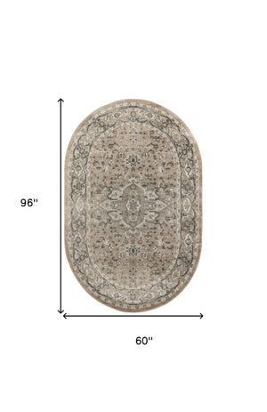 Homeroots 5' X 8' Beige And Gray Medallion Power Loom Distressed Area Rug  Polypropylene,Polyester 545141