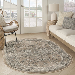 HomeRoots 5' Elegant Beige and Gray Medallion Power Loom Distressed Area Rug for Timeless Home Décor 6' X 9' 545142