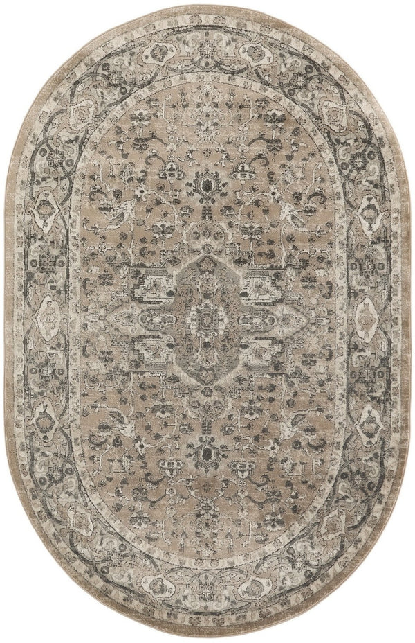 HomeRoots 5' Elegant Beige and Gray Medallion Power Loom Distressed Area Rug for Timeless Home Décor 6' X 9' 545142