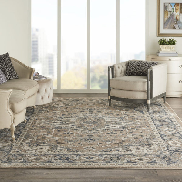 HomeRoots 12' Elegant Beige and Gray Medallion Power Loomed Distressed Area Rug for Timeless Home Style 12' X 15' 545143
