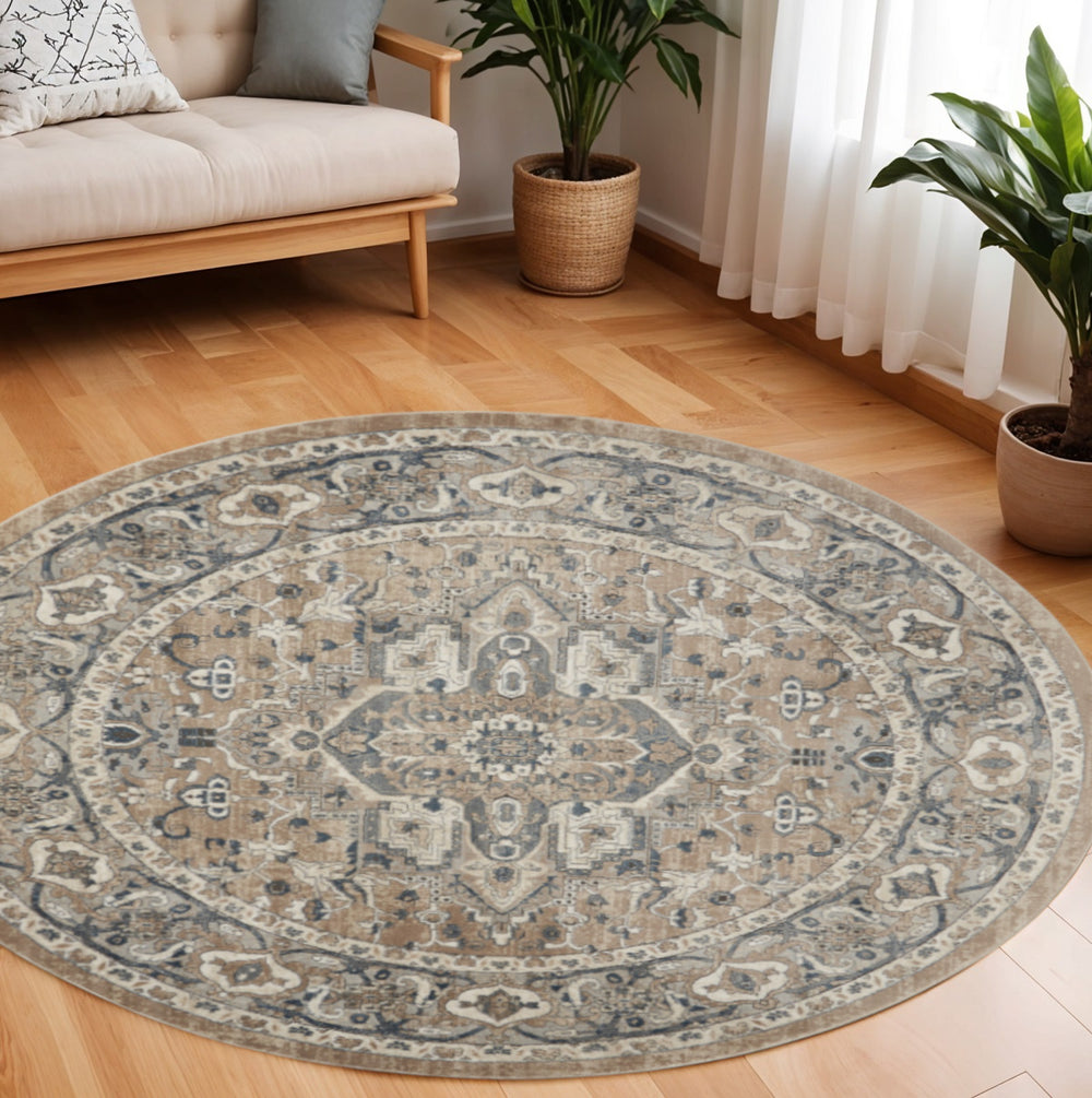 Homeroots 10' Beige And Gray Round Medallion Power Loom Distressed Area Rug  Polypropylene,Polyester 545144