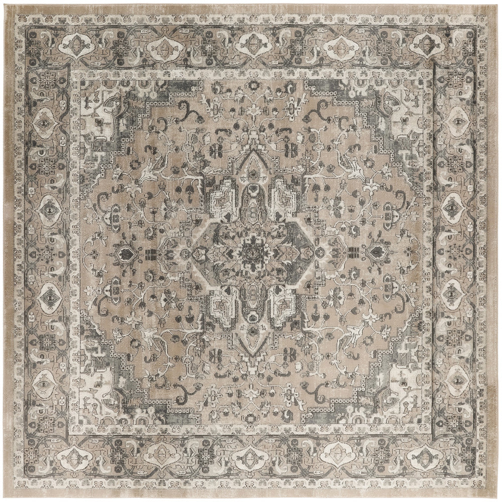 Homeroots 10' Beige And Gray Square Medallion Power Loom Distressed Area Rug  Polypropylene,Polyester 545145