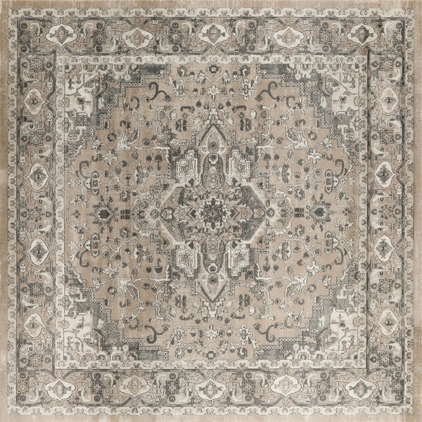 Homeroots 10' Beige And Gray Square Medallion Power Loom Distressed Area Rug  Polypropylene,Polyester 545145
