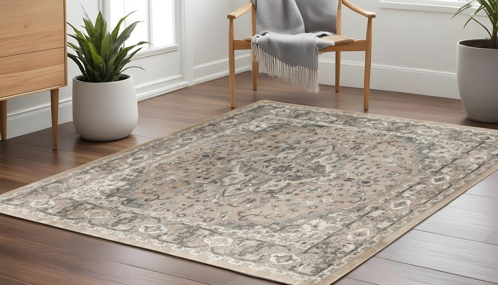 Homeroots 10' Beige And Gray Square Medallion Power Loom Distressed Area Rug  Polypropylene,Polyester 545145