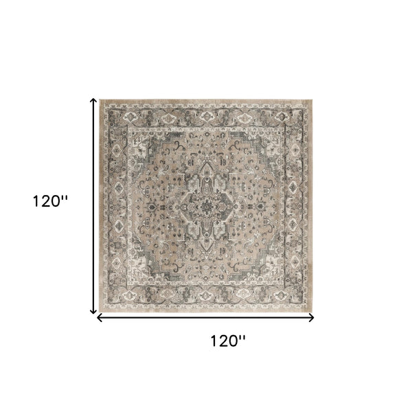Homeroots 10' Beige And Gray Square Medallion Power Loom Distressed Area Rug  Polypropylene,Polyester 545145