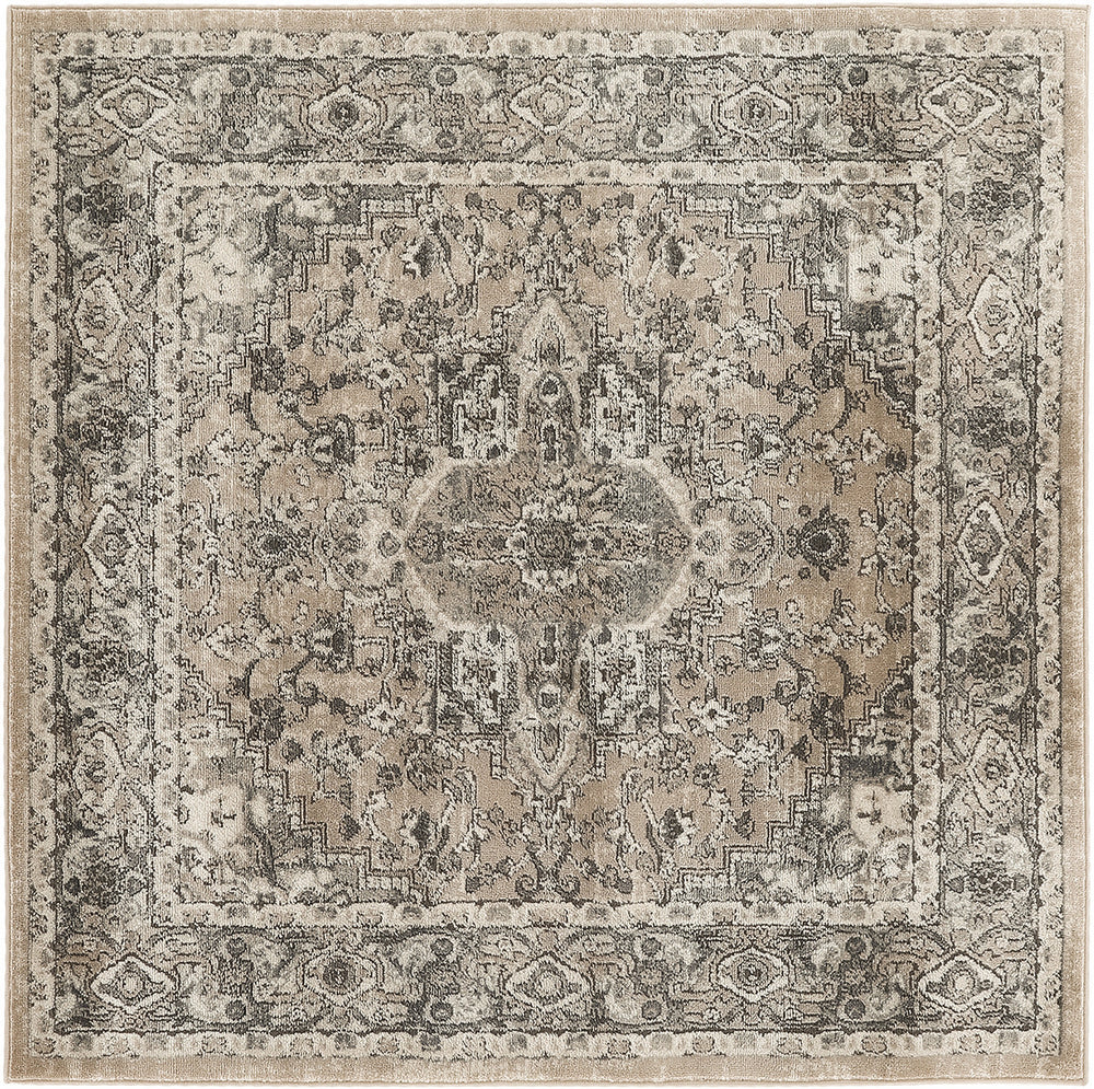 Homeroots 5' Beige And Gray Square Medallion Power Loom Distressed Area Rug  Polypropylene,Polyester 545147