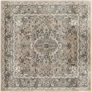 Homeroots 5' Beige And Gray Square Medallion Power Loom Distressed Area Rug  Polypropylene,Polyester 545147