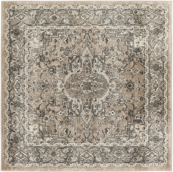 Homeroots 5' Beige And Gray Square Medallion Power Loom Distressed Area Rug  Polypropylene,Polyester 545147