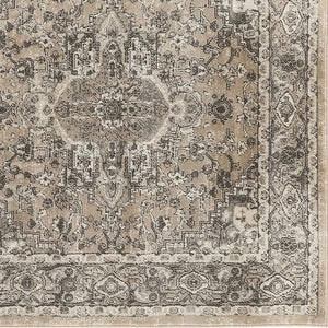 Homeroots 5' Beige And Gray Square Medallion Power Loom Distressed Area Rug  Polypropylene,Polyester 545147