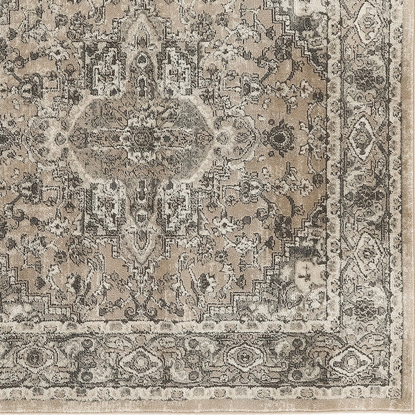 Homeroots 5' Beige And Gray Square Medallion Power Loom Distressed Area Rug  Polypropylene,Polyester 545147