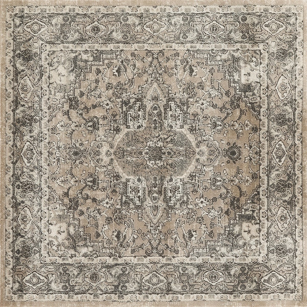 Homeroots 5' Beige And Gray Square Medallion Power Loom Distressed Area Rug  Polypropylene,Polyester 545147