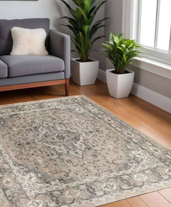 Homeroots 5' Beige And Gray Square Medallion Power Loom Distressed Area Rug  Polypropylene,Polyester 545147