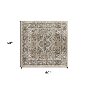 Homeroots 5' Beige And Gray Square Medallion Power Loom Distressed Area Rug  Polypropylene,Polyester 545147