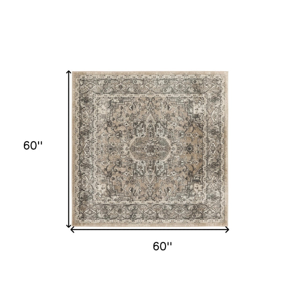 Homeroots 5' Beige And Gray Square Medallion Power Loom Distressed Area Rug  Polypropylene,Polyester 545147