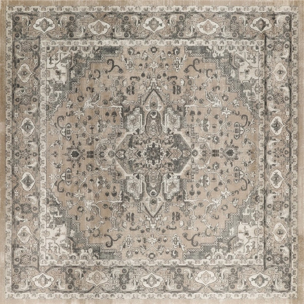 HomeRoots 8' Beige and Gray Medallion Area Rug – Distressed Geometric Design for Stylish Living Spaces 8' Square 545148